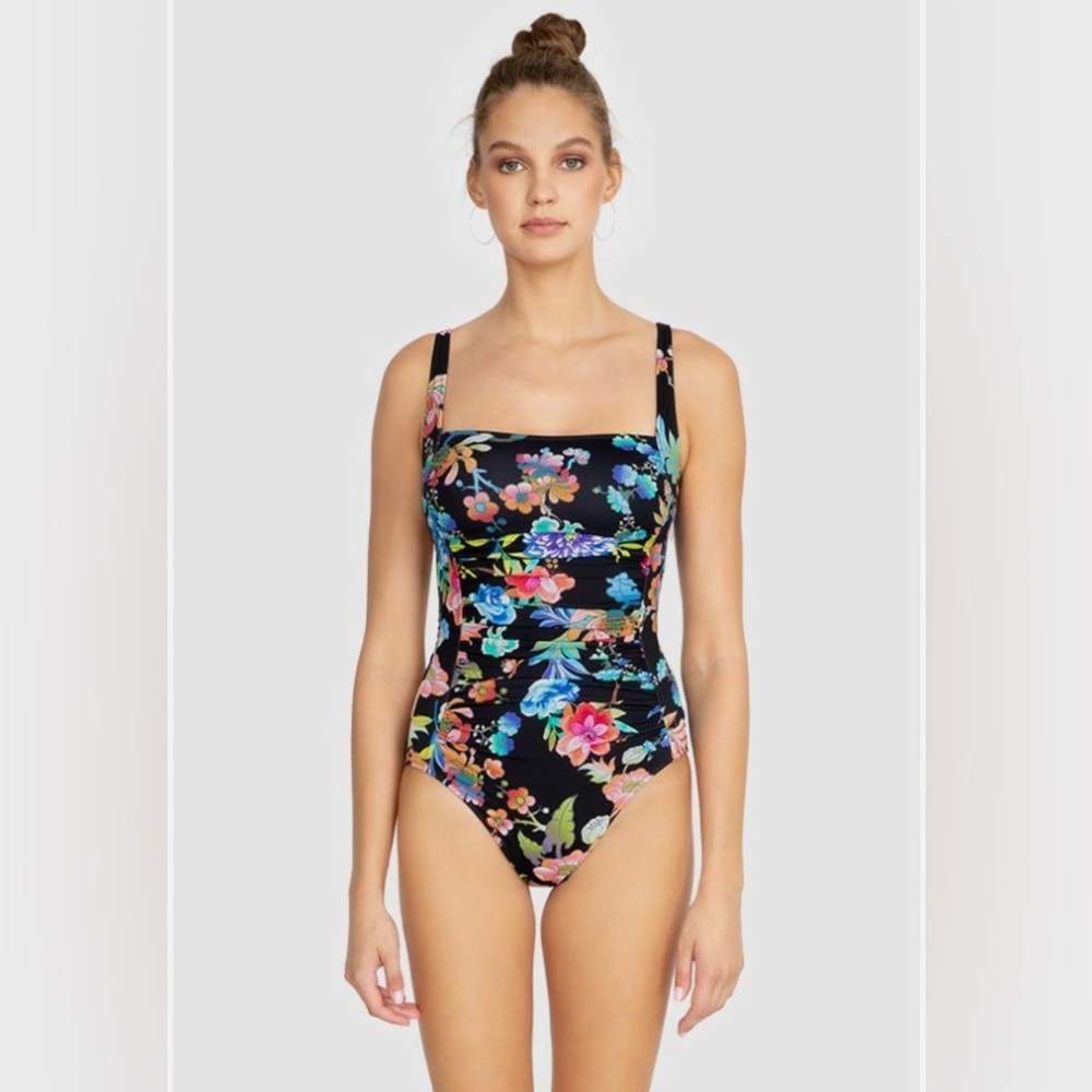 Johny Was Dreamer Bandeau Floral Black One-Piece Swimsuit Size L